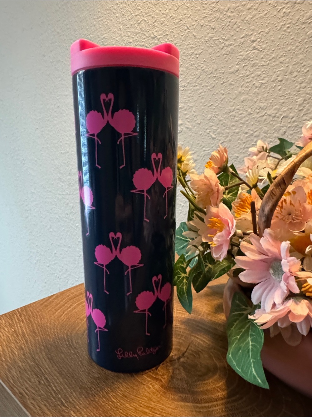 Lilly Pulitzer Navy Blue Travel Tumbler with Pink Flamingo Pattern and Pink Lid